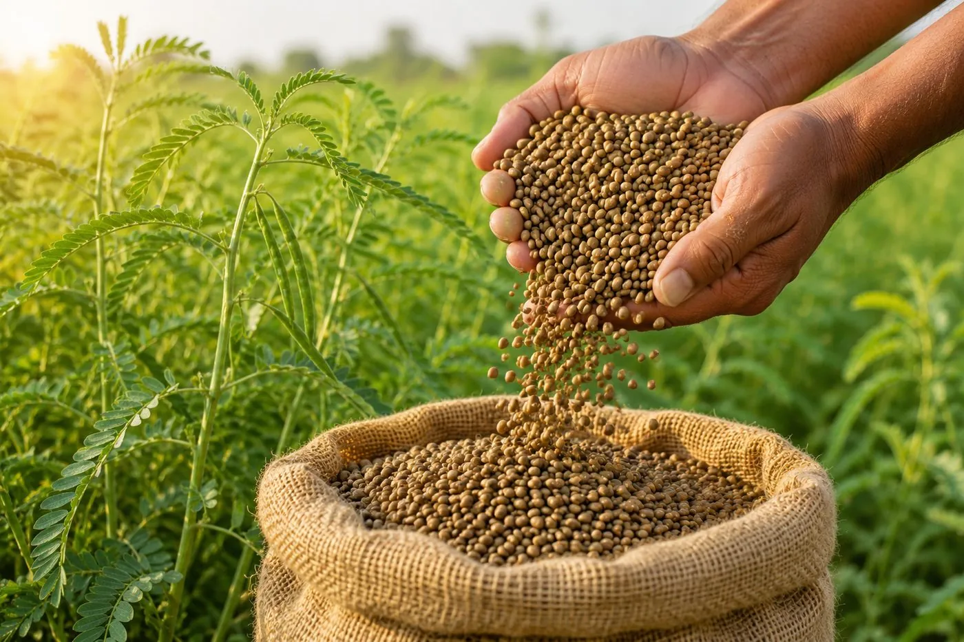 Sesbania (dhaincha) seed being bagged in a green field, supplied by SDRC Global