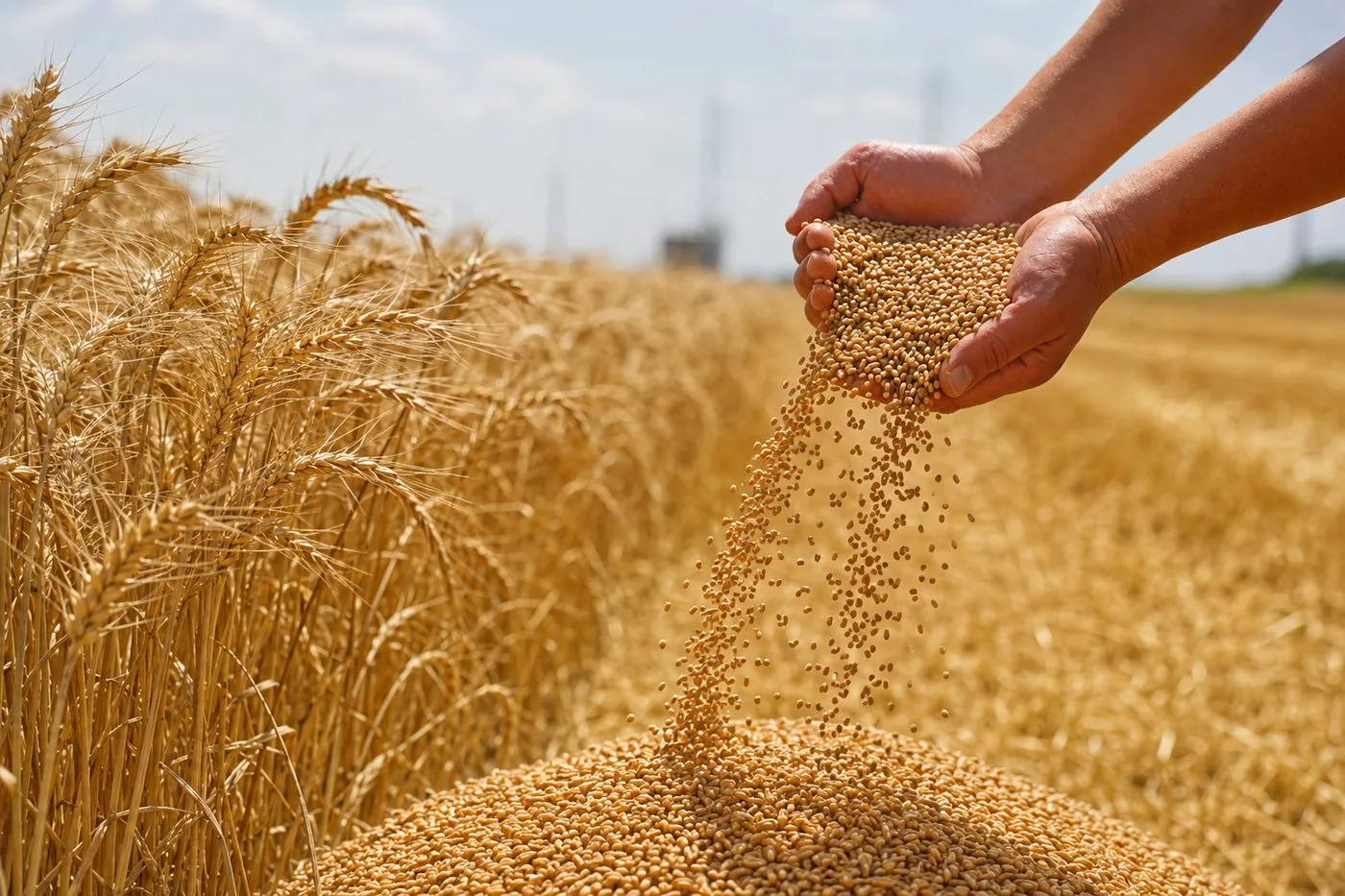 Golden Indian milling wheat grain being handled in the field, exported by SDRC Global